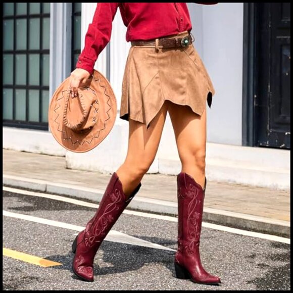 Knee High Cowboy Boots Floral Embroidered Chunky Heel Vintage Western - Picture 3 of 7